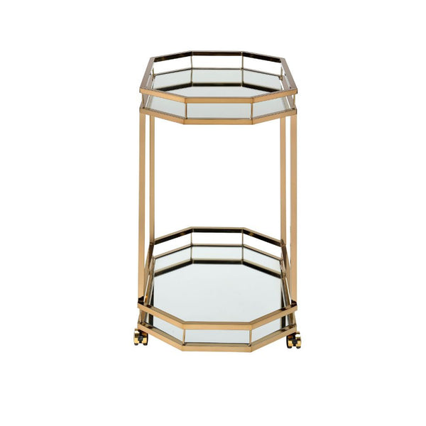  featuring a metal frame finished in champagne and mirrored shelves for that glam appeal. The two 2.5 mm mirror shelves are the ideal place for placing your dishes and dining accessories. Roll it wher