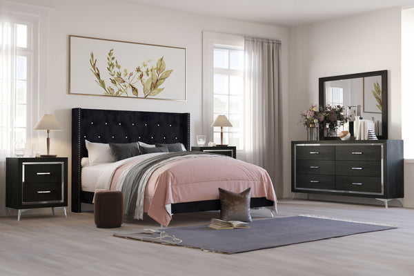 The Huxley 5-Piece Bedroom Set in Black combines contemporary glam with durable craftsmanship for a stylish and functional bedroom. This set includes an upholstered bed with headboard, footboard, two side rails, and slat kit, as well as a 6-drawer dresser