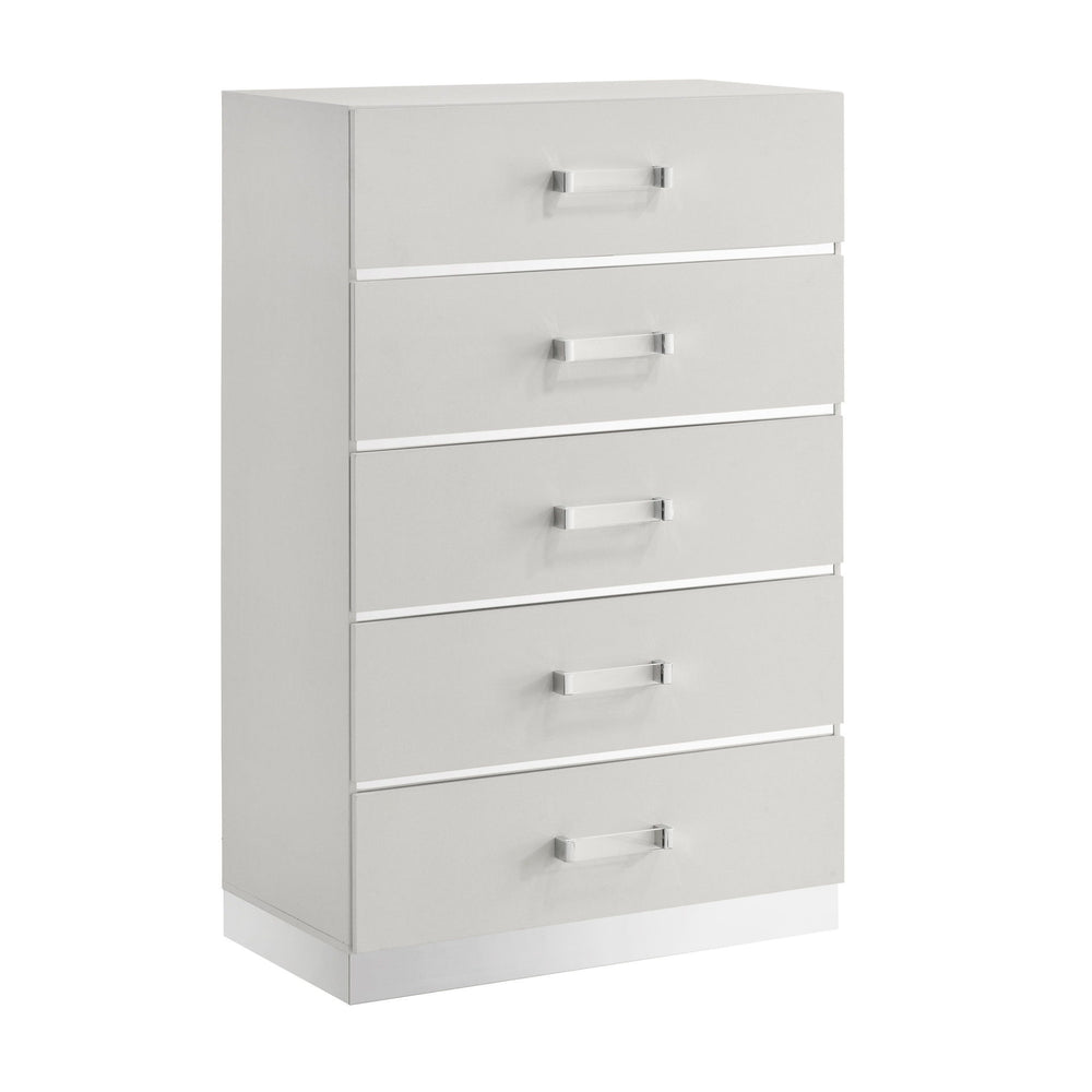The Europa 5 Drawer Chest in white combines modern elegance with practical functionality. This chest features a sleek, sophisticated look with a gleaming white finish, mylar accents, and acrylic drawer pulls. Quality craftsmanship is evident in the eco-fr