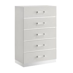 The Europa 5 Drawer Chest in white combines modern elegance with practical functionality. This chest features a sleek, sophisticated look with a gleaming white finish, mylar accents, and acrylic drawer pulls. Quality craftsmanship is evident in the eco-fr
