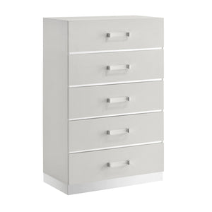 The Europa 5 Drawer Chest in white combines modern elegance with practical functionality. This chest features a sleek, sophisticated look with a gleaming white finish, mylar accents, and acrylic drawer pulls. Quality craftsmanship is evident in the eco-fr