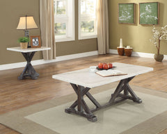 KD, Rectangular Coffee Table (NO Storage) â€¢ White Marble Top â€¢ Wooden Trestle Base with -"X-" Crossbar Support: Weathered Espresso<br/><br/><b>Product Features</b><ul><li>Rectangular Occasional Tables</li><li>White Marble Top</li><li>Wooden -"X-" Base