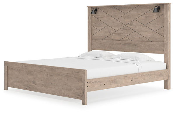 Senniberg - Light Brown / White - King Panel Bed with Sconce Lights