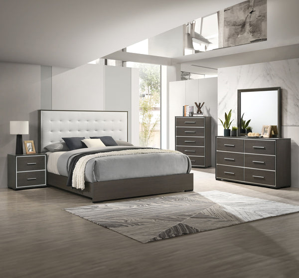Discover the modern charm of this bedroom collection, featuring a clean-lined design with a warm dark finish. The centerpiece is a bed with a stylish tufted headboard, providing a touch of class. This set includes a matching dresser, chest, and nightstand