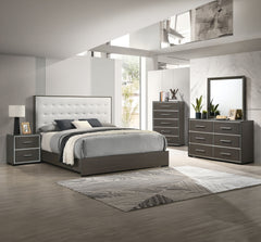Discover the modern charm of this bedroom collection, featuring a clean-lined design with a warm dark finish. The centerpiece is a bed with a stylish tufted headboard, providing a touch of class. This set includes a matching dresser, chest, and nightstand