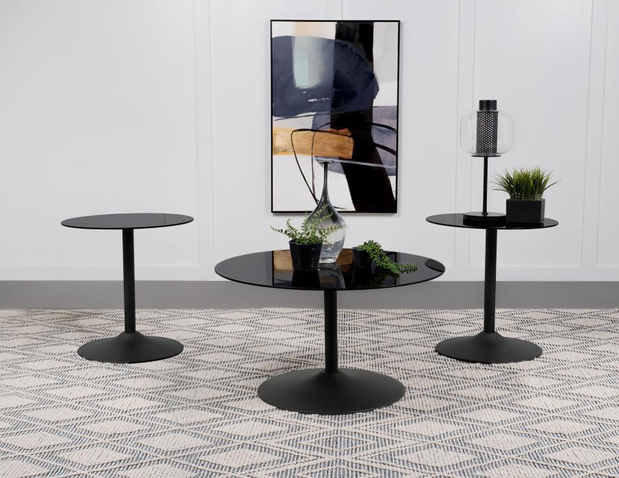 Ganso - 3 Piece Round Glass Top Coffee And End Table Set - Black