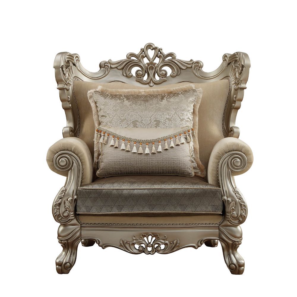KD Back, w/2 Pillows â€¢ Oversized Scrolled Carving Trim with Nailhead Trim: Detailed Accents Inside/Outside Backrest: Champagne Finish, Poplar Wood (Front Armrest, Leg & Base) â€¢ Backrest Style: Wingback â€¢ Tight Back & Loose Seat Cushion (1+1) â€¢ Sea