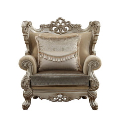 KD Back, w/2 Pillows â€¢ Oversized Scrolled Carving Trim with Nailhead Trim: Detailed Accents Inside/Outside Backrest: Champagne Finish, Poplar Wood (Front Armrest, Leg & Base) â€¢ Backrest Style: Wingback â€¢ Tight Back & Loose Seat Cushion (1+1) â€¢ Sea