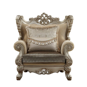 KD Back, w/2 Pillows â€¢ Oversized Scrolled Carving Trim with Nailhead Trim: Detailed Accents Inside/Outside Backrest: Champagne Finish, Poplar Wood (Front Armrest, Leg & Base) â€¢ Backrest Style: Wingback â€¢ Tight Back & Loose Seat Cushion (1+1) â€¢ Sea
