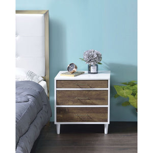 KD, Rectangular Night-Table Storage: 3 Drawers () Orientation: Free Standing CONSTRUCTION Wood Case-Frame & Drawer: White Frame & Front Drawers with contrast Weathered Oak Finish, Melamine Paper, PB 15mm Wood Tapered Leg: White Finish, Size: 4-" Height Dr