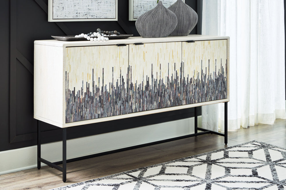 Looking for a showstopping accent for your home? This accent cabinet combines fashion and function in an exclusive way. It offers a creative take on a traditional cabinet, with a strip pattern in white, gray and black. Inside the doors, two shelves suit a