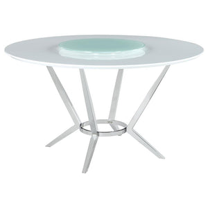 Elegant and ultra-modern, this round dining table pairs a high gloss white top with a tempered glass lazy Susan for added function. Its metal base features boomerang-style legs finished in electroplated chrome, delivering sculptural appeal and stability. 