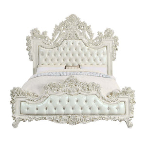  the Adara bed blends in contemporary touches with traditional design details. The PU adds a fresh approach to the intricately embellished bed. The antique white is embellished with light gold 