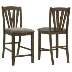 Complete your dining experience with this stylish and comfortable counter height dining chair. Crafted with a solid wood frame, this side chair offers sturdy support while the foam-padded seat cushions provide plush comfort. Upholstered in a grey fabric, 