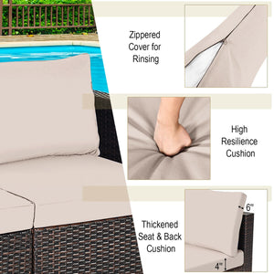 Power coated and solid steel frame adds sturdiness and durability<br>Tight and hand-woven rattan to withstand change of weather<br>2 of the corner sofas can be used separately<br>Aluminum foot pads protect bottom rattan from scratching<br>Wide armrest for