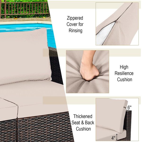 Power coated and solid steel frame adds sturdiness and durability<br>Tight and hand-woven rattan to withstand change of weather<br>2 of the corner sofas can be used separately<br>Aluminum foot pads protect bottom rattan from scratching<br>Wide armrest for
