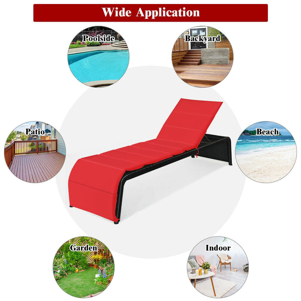 Tightly hand-woven rattan can withstand the moderate change in weather <br>The heavy-duty steel frame ensures the sturdiness of the chaise lounge <br>Adjustable backboard with five different positions <br>Soft and thick cushion for comfortable seating <br
