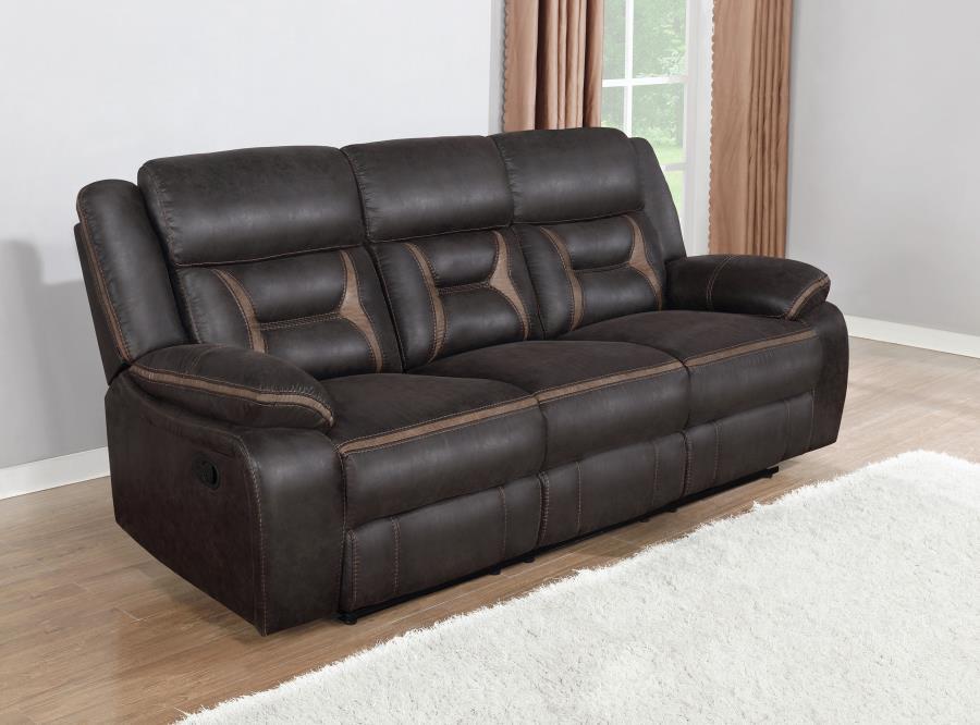 A motion sofa with a drop down center will serve you well in your entertainment space. Leatherette upholstery is enhanced with stitching details that make an impact in the craftsmanship. Pocket coil cushioning keeps you comfortable and cozy for hours of e