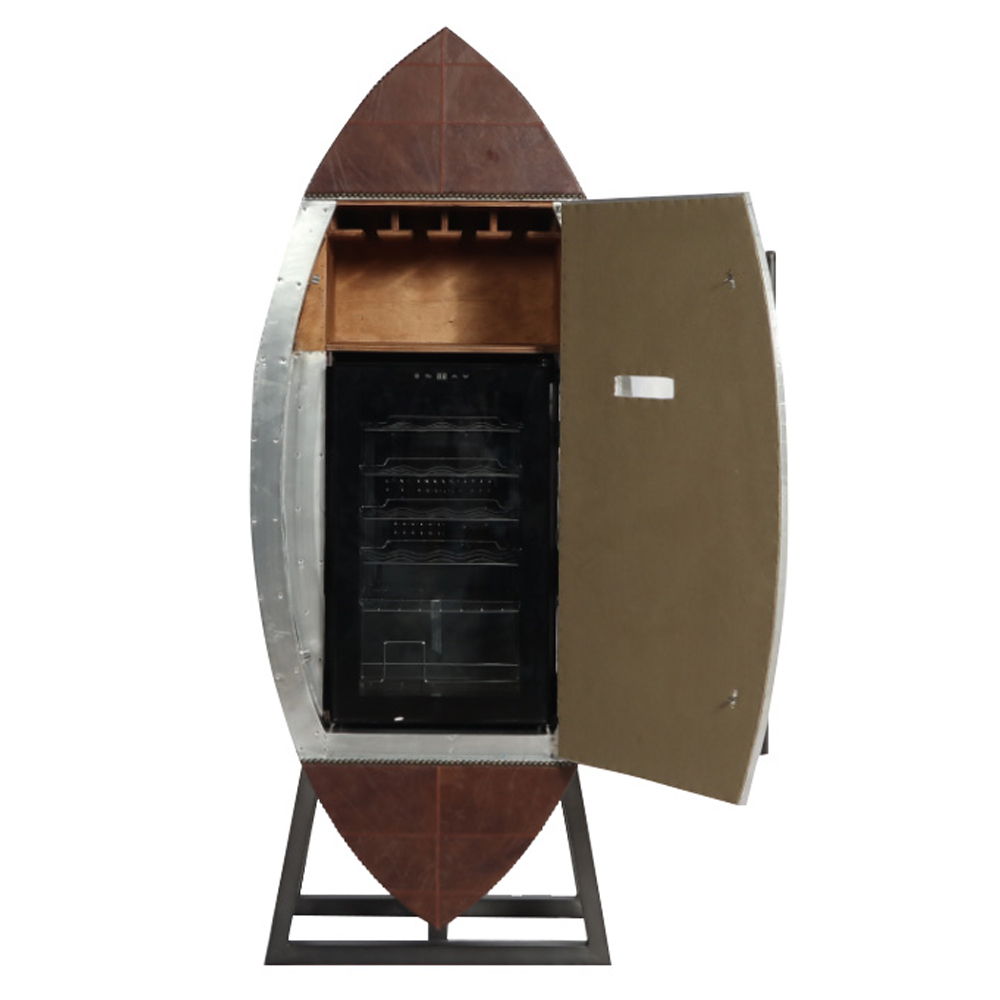 Our Brancaster wine cabinet is designed to suit any modern design. Store your favorite wines at the perfect temperature with this sleek and stylish wine cooler cabinet. Features patchwork aluminum door and top grain leather frame. Stemware rack provides o