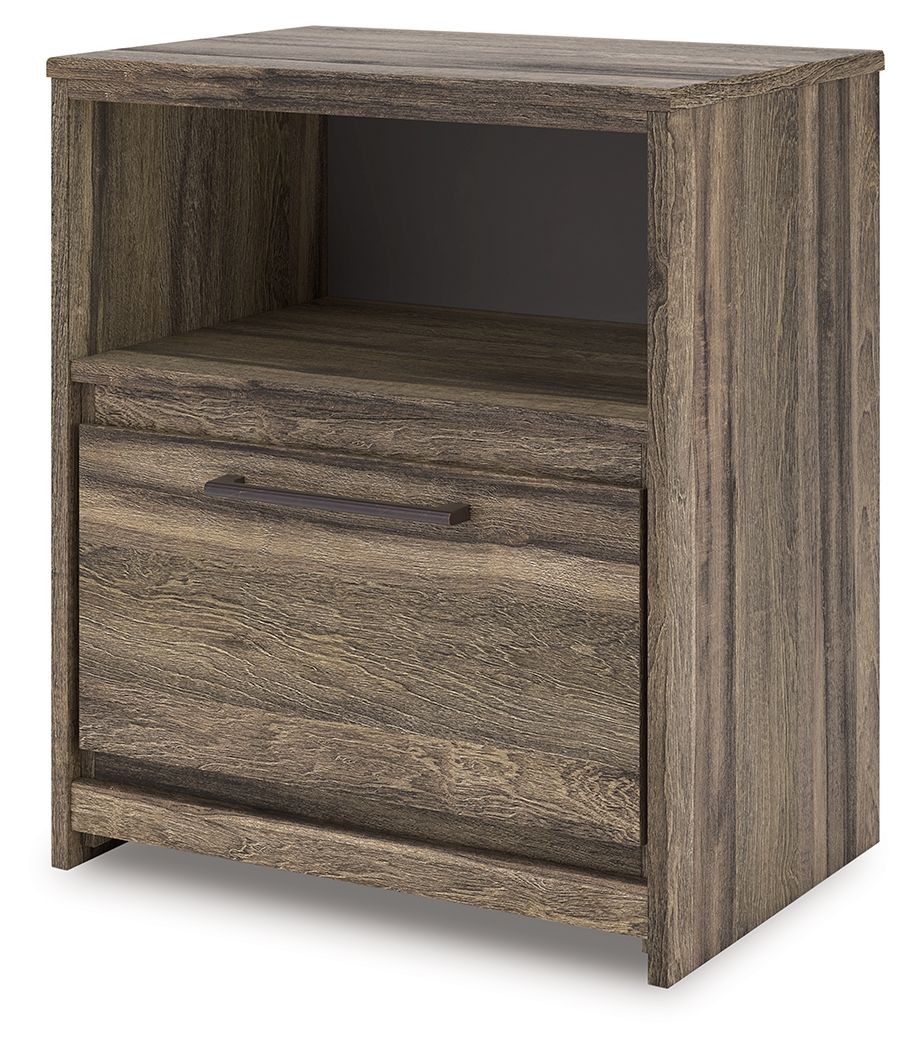 Casually cool style and lots of storage go hand in hand with this nightstand. A weathered brown finish over replicated oak grain creates an easygoing vibe, setting the scene in your restful retreat. The nightstand-'s clean lines and modern handles provide