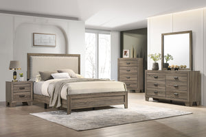 This bedroom set offers a minimalist design with a nod to rustic aesthetics, perfect for creating a serene and uncluttered space. The straightforward lines of the bed frame, combined with the upholstered headboard cushion, exude a sense of calm and comfor
