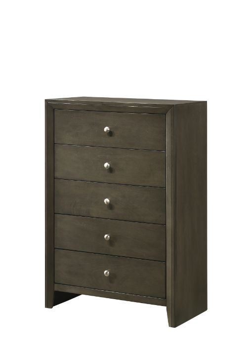 The Ilana contemporary bedroom set is expertly crafted with hand selected woods and veneers in a calming gray finish, featuring a modern slatted headboard design, low profile footboard and wooden tapered legs. With all matching case goods, this bedroom gr