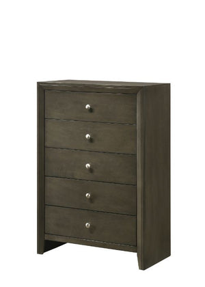 The Ilana contemporary bedroom set is expertly crafted with hand selected woods and veneers in a calming gray finish, featuring a modern slatted headboard design, low profile footboard and wooden tapered legs. With all matching case goods, this bedroom gr