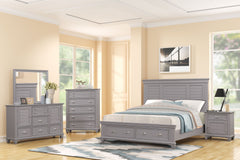 The Jamestown 5-Piece Wood Bedroom Set in Gray is a perfect fusion of style, durability, and functionality, designed to create a sophisticated and organized bedroom space. This set includes a Panel Bed with a storage footboard, Dresser, Mirror, Nightstand