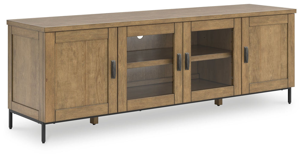 Made for the everyday, this TV stand is a sleek complement to your casual contemporary living room. Youâ€™ll love the refined-yet-relaxed vibe of its contrasting medium brown finish and matte black legs. Concealed and glass-front cabinets make media stora