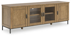 Made for the everyday, this TV stand is a sleek complement to your casual contemporary living room. Youâ€™ll love the refined-yet-relaxed vibe of its contrasting medium brown finish and matte black legs. Concealed and glass-front cabinets make media stora