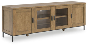 Made for the everyday, this TV stand is a sleek complement to your casual contemporary living room. Youâ€™ll love the refined-yet-relaxed vibe of its contrasting medium brown finish and matte black legs. Concealed and glass-front cabinets make media stora