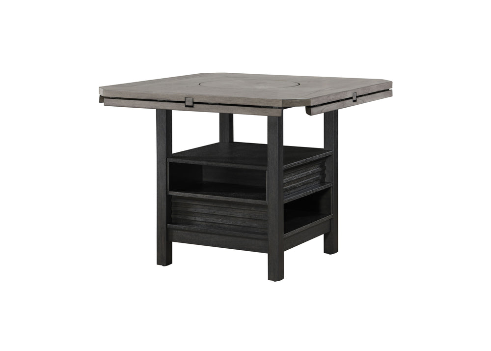 This counter-height dining group embodies a chic, contemporary style with its sleek design and elegant finishes. The ensemble features a robust, round table with a striking wood veneer top that showcases the natural grain, adding a warm, organic touch to 