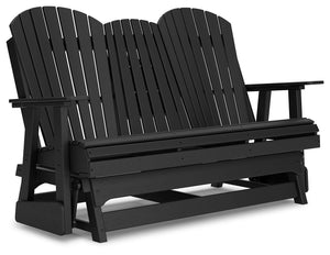 Drift away from everyday worries and into outdoor bliss with this glider loveseat. Dressed in chic black, the Adirondack-inspired design has a classic feel. It weathers sunny summer days and cozy winter nights with durable MEGA-TUFFÂ® HDPE material. A dro