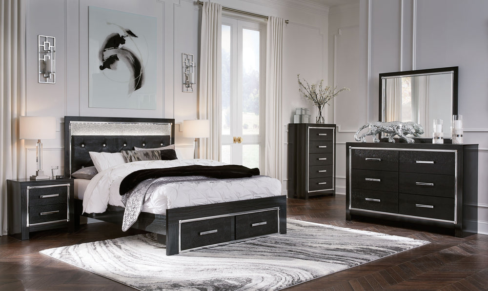 Rest easy. The luxurious look youâ€™ve been dreaming of is yours for the taking, at a price sure to put you at ease. This bedroom group brings a sense of old Hollywood with a contemporary flair. A deep, dark finish, faceted chrome-tone accents and LED lig