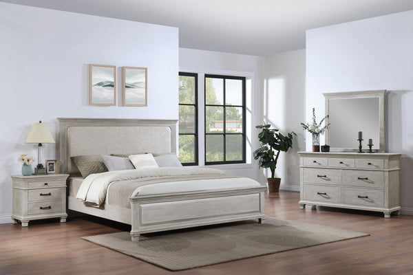 The Silver Sands 4 Piece Wood Bedroom Set in Gray offers a harmonious blend of durability and style, perfect for any bedroom. This set includes an upholstered panel bed, a dresser, a mirror, and a nightstand. Each piece is crafted from solid pine, manufac