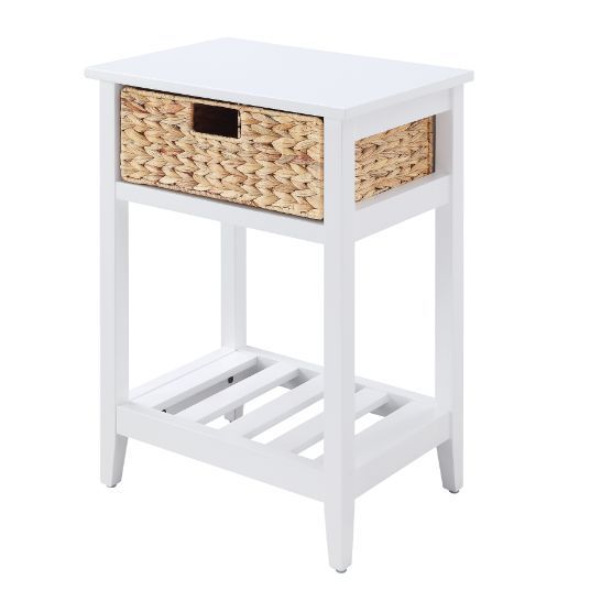 Refreshing, relaxing and calmm, the Chinu Accent Table will coordinate your seating arrangement in coastal breezy style. It-'s wooden frame with a slatted shelf design embodies a relaxed simplicity. A woven basket gives it a natural surface texture that f