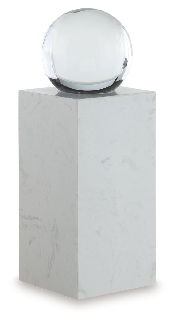 This exquisite sculpture effortlessly combines the purity of clear crystal with the timeless elegance of white marble. Contrasting textures and materials create a captivating visual experience, making it a striking focal point in contemporary settings. It