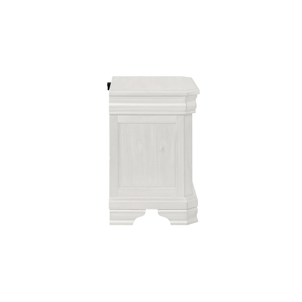  this nightstand ensures lasting durability. Its heirloom white finish