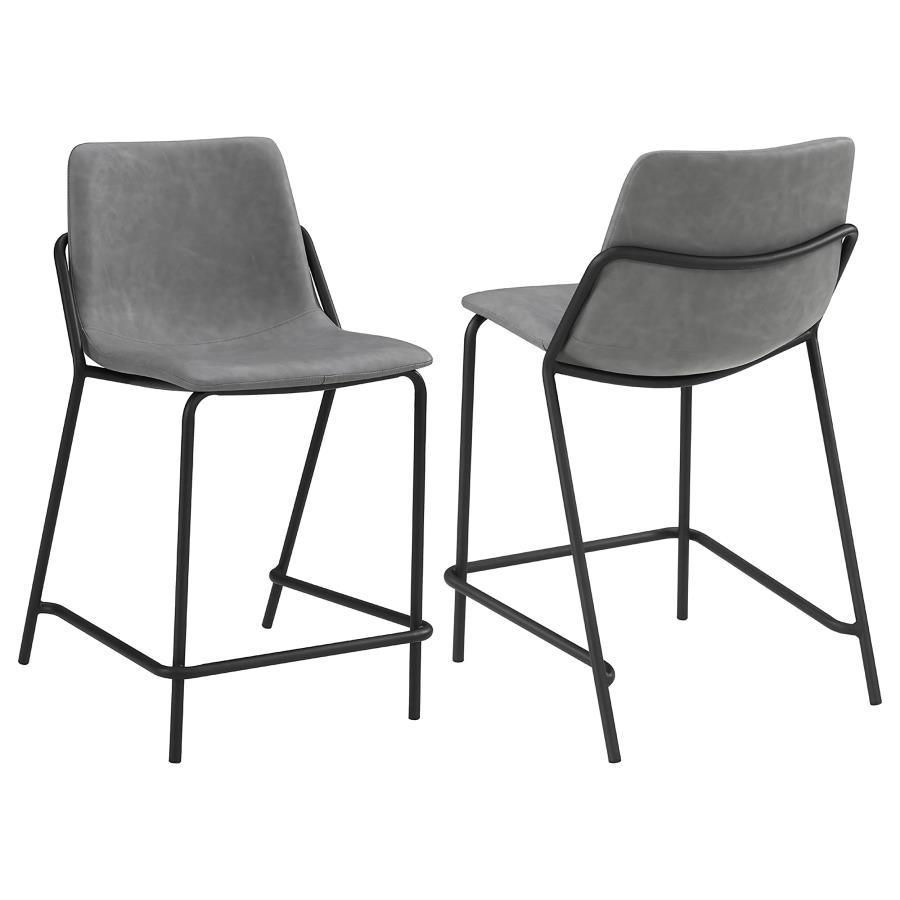 This pair of two stools offer a minimal look and a contemporary vibe. Supported by thin and tall frame in a black finish, it has an open and airy design that works with many styles. Each chair has a bucket style, Mid Century inspired seat, which is wrappe