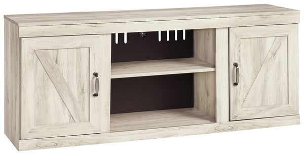 Express your modern farmhouse style with this TV stand with fireplace option. Its wispy white finish over replicated oak grain is a delightful change from the ordinary. Clean-lined, classic styling with barn door inspiration provides a country-chic aesthe