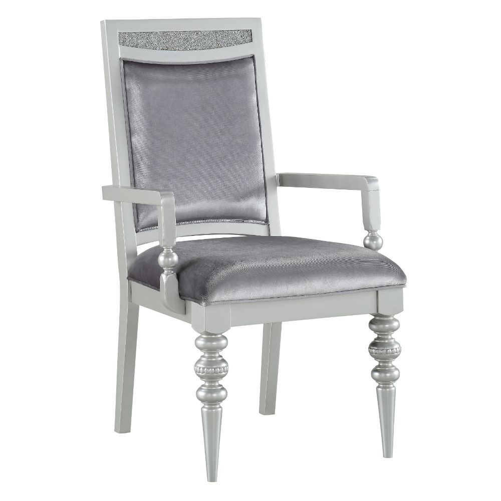 KD, Arm Chair (High Back) Stationary Seat: Standard Dining Height Padded SEAT & BACK: Fabric Cushion (Solid Pattern Inside & Outside) Feature: w/Sparkling Rhinestones Inlay Rectangular Backrest: Wooden Frame & Rhinestones Top Wooden Apron Seat (Molding) W