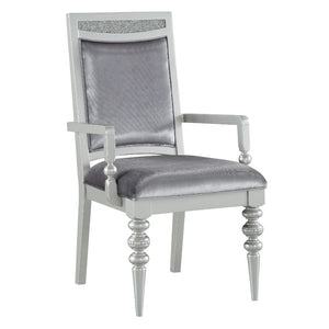 KD, Arm Chair (High Back) Stationary Seat: Standard Dining Height Padded SEAT & BACK: Fabric Cushion (Solid Pattern Inside & Outside) Feature: w/Sparkling Rhinestones Inlay Rectangular Backrest: Wooden Frame & Rhinestones Top Wooden Apron Seat (Molding) W