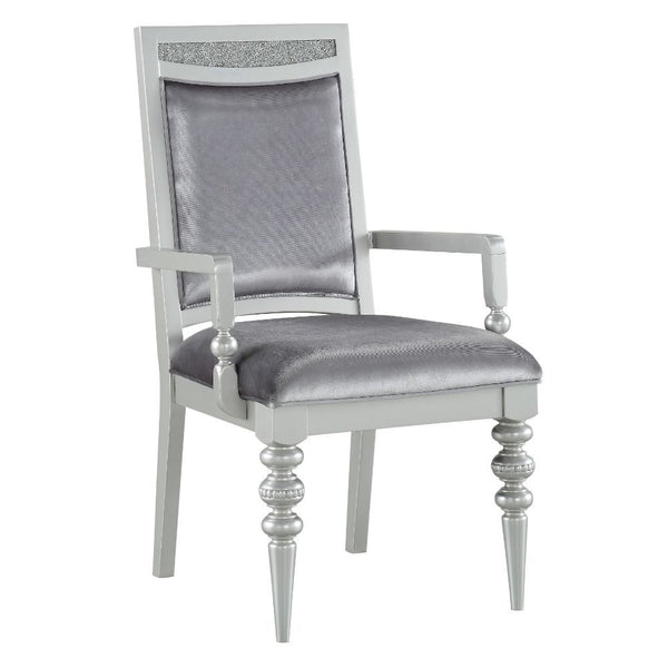 KD, Arm Chair (High Back) Stationary Seat: Standard Dining Height Padded SEAT & BACK: Fabric Cushion (Solid Pattern Inside & Outside) Feature: w/Sparkling Rhinestones Inlay Rectangular Backrest: Wooden Frame & Rhinestones Top Wooden Apron Seat (Molding) W