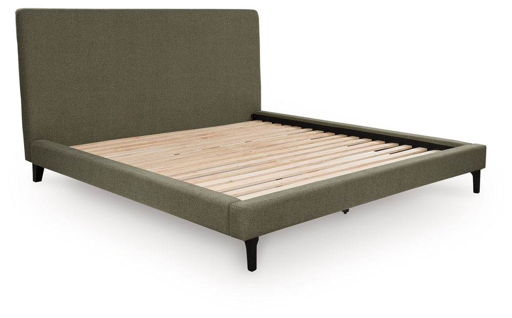 Nostalgic style, retooled for todayâ€™s trends. This California king upholstered bed puts an elevated twist on mod aesthetics. Its chic sage green hue reflects the mid-century vibes you love, while the low profile incorporates contemporary motifs. Roll sl