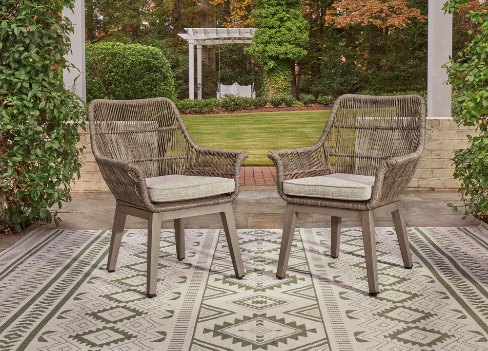 Balancing effortless natural beauty and minimalist design, this arm chair seamlessly brings your contemporary style outdoors. Sporting a wood-look finish, it entices with its NuvellaÂ® fabric thatâ€™s a breeze to clean. This sleek yet durably made chair r