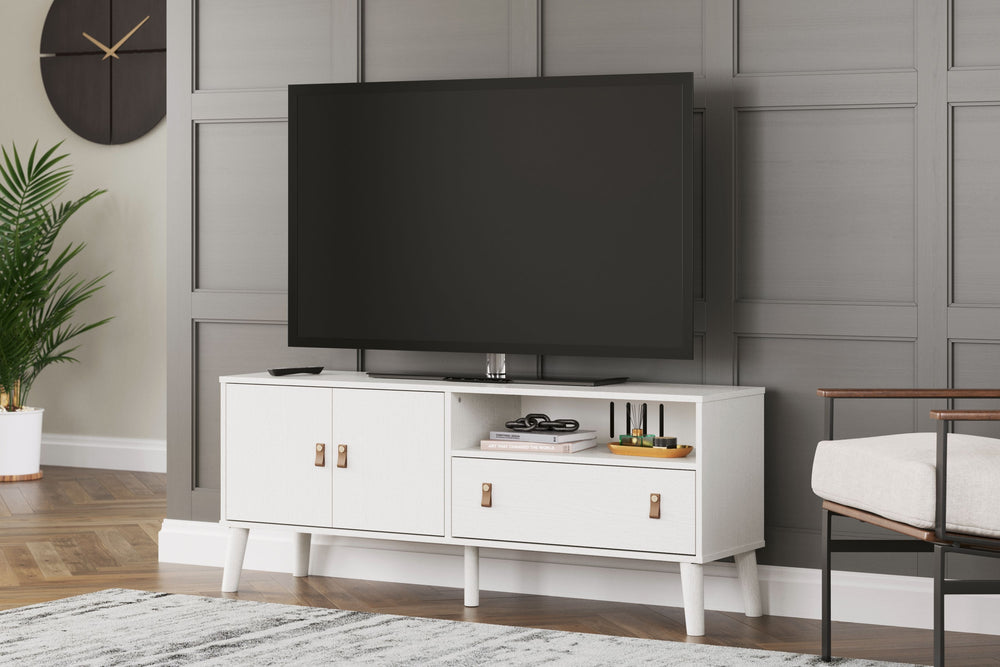 Dare to take minimalism to the max. This TV stand has an air of sleek simplicity thanks to its white painted finish with subtle replicated wood grain. A drawer, open shelf and cabinet provide just the right amount of living room storage, while magnificent