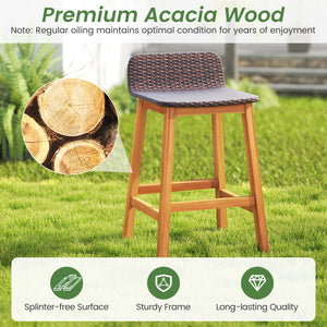 High-quality acacia wood construction for durability<br>Splinter-free surfaces for a smooth and safe touch<br>Ergonomic design with a supportive backrest and curved armrests<br>PE rattan seat is fade-resident for long-time use<br>Added footrests for a coz