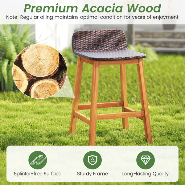 High-quality acacia wood construction for durability<br>Splinter-free surfaces for a smooth and safe touch<br>Ergonomic design with a supportive backrest and curved armrests<br>PE rattan seat is fade-resident for long-time use<br>Added footrests for a coz