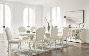 Add a touch of romance to your home with this dining room set. The painted finish and shapely silhouette are all about easy elegance. Turning the focus on the double sculptural pedestal base, this graceful table adds a dash of upscale luxury to the dining