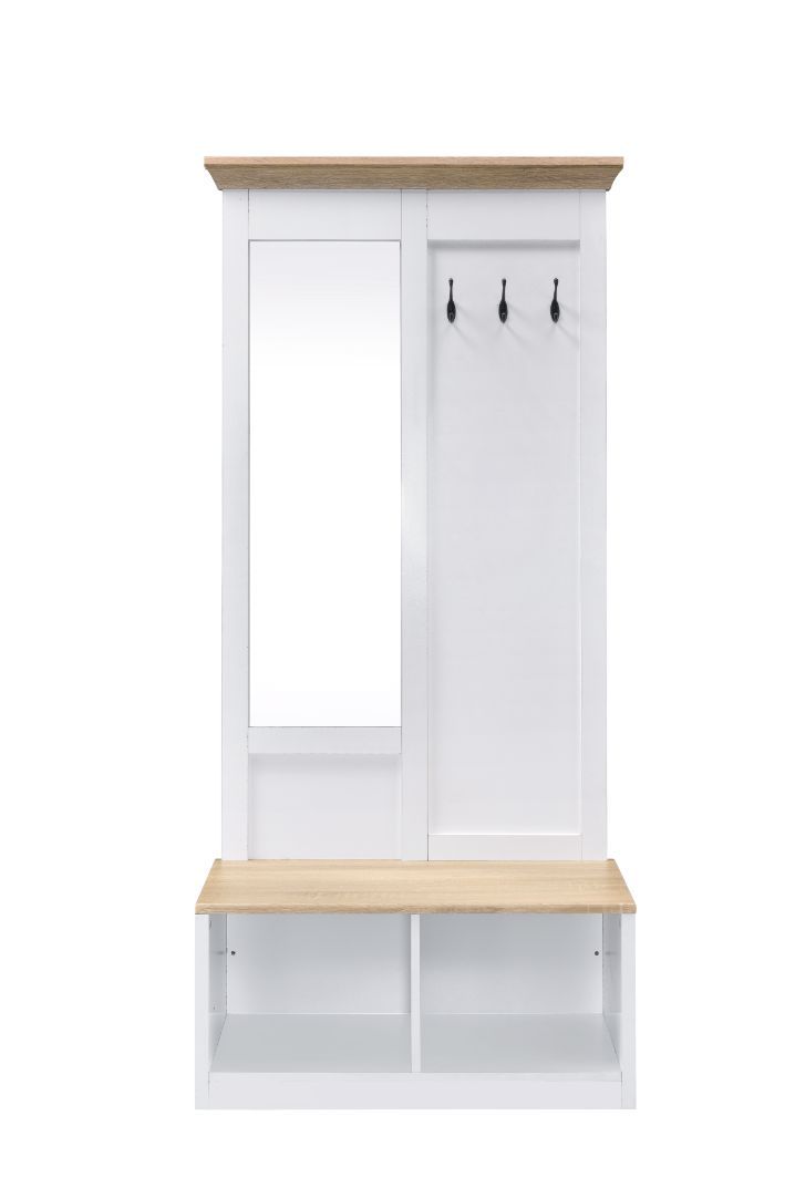 KD 2 Open Storage Compartments Includes Body Length Mirror and Bench 3 Metal Hooks Recommanded Numbers of Shoes: 4 pairs<br/><br/><b>Product Features</b><ul><li>Case: 1Pc/1Ctn</li><li>Finish: Light Oak & White Finish</li><li>Style: Transitional</li><li>Ma